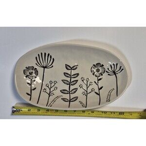 Creative Co-Op Stoneware Platter 12.25" Oval Floral Cream Black Embossed Serving